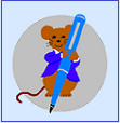 Logo shows mouse holding
	a pen.